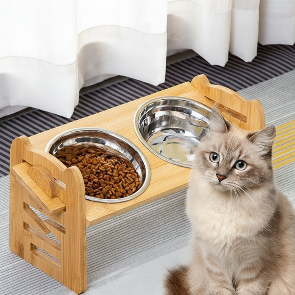 Futternapfständer aus Bambus und Holz für Katzen