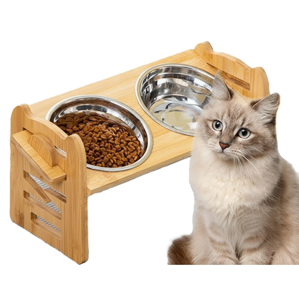 Futternapfständer aus Bambus und Holz für Katzen