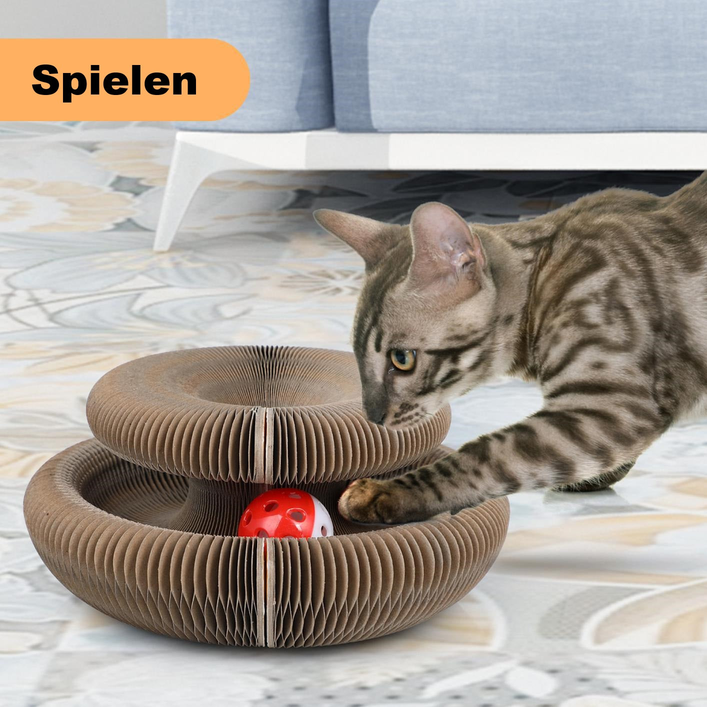 Katzenspielzeug mit Glöckchen, aus nachhaltiger Wellpappe
